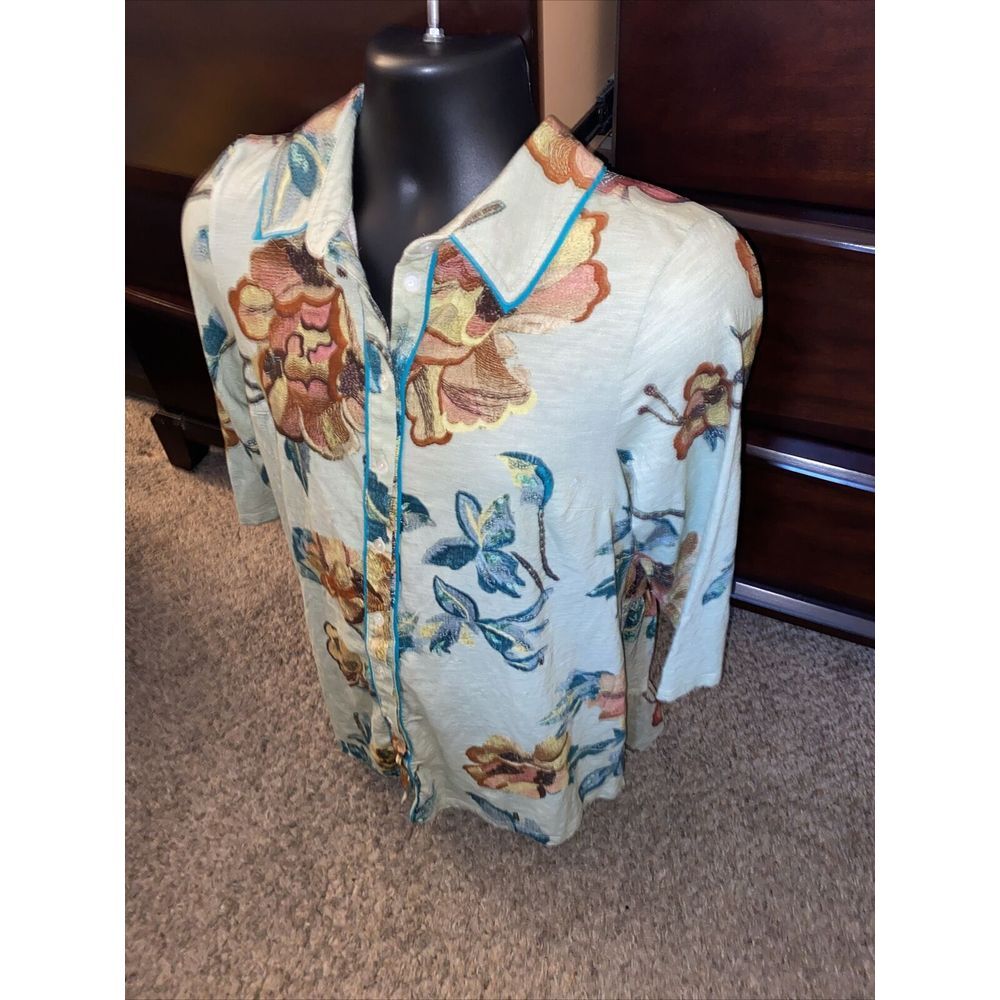 Soft Surroundings Boho Floral Tunic Top Elena Button Tropical Vacation Sz Small - Picture 2 of 6